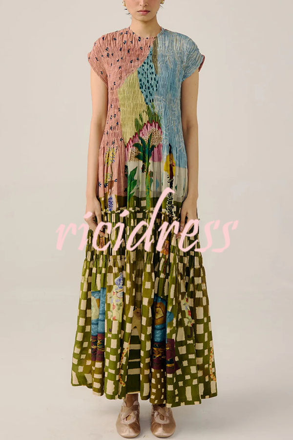 Relaxed and Playful Unique Print Smocked Short Sleeve Flare Maxi Dress