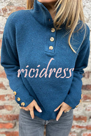 Solid Color High Collar Button Loose Long Sleeve Knitted Sweater