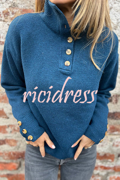 Solid Color High Collar Button Loose Long Sleeve Knitted Sweater