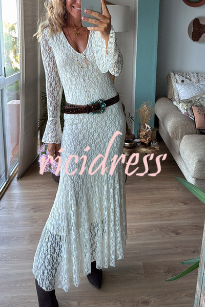Aster Embroidered Lace Chiffon V-neck Long Bell Sleeve Stretch Flare Maxi Dress