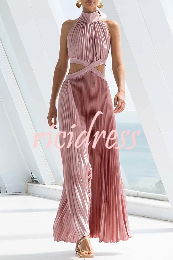 Stunning Choice Satin Pleated Halter High Neck Cutout Waist Backless Maxi Dress