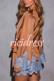 Joyful Bond Satin Lace Trim Contrast Color Bell Sleeve Tie-up Kimono Mini Dress