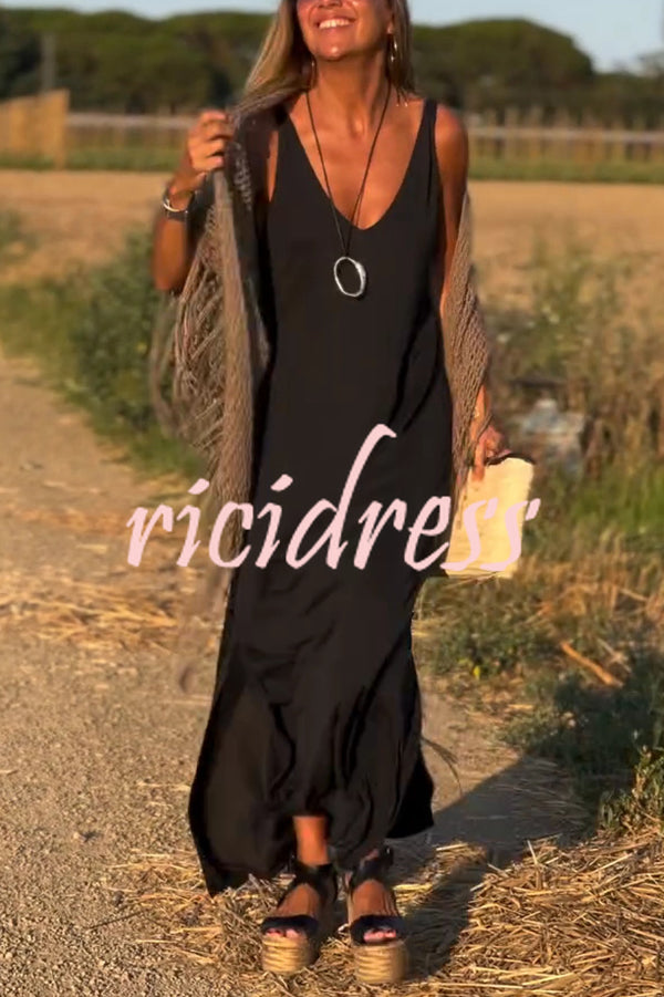 Solid Color V-neck Sleeveless Casual Loose Maxi Dress