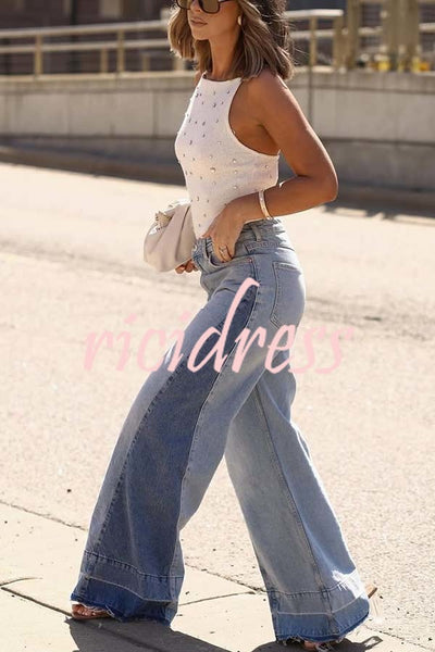 Ellison Denim Side Colorblock High Rise Pocket Wide Leg Jeans
