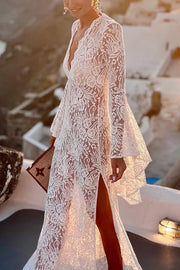Dream Love Floral Lace Bell Sleeve V-neck Slit Maxi Dress