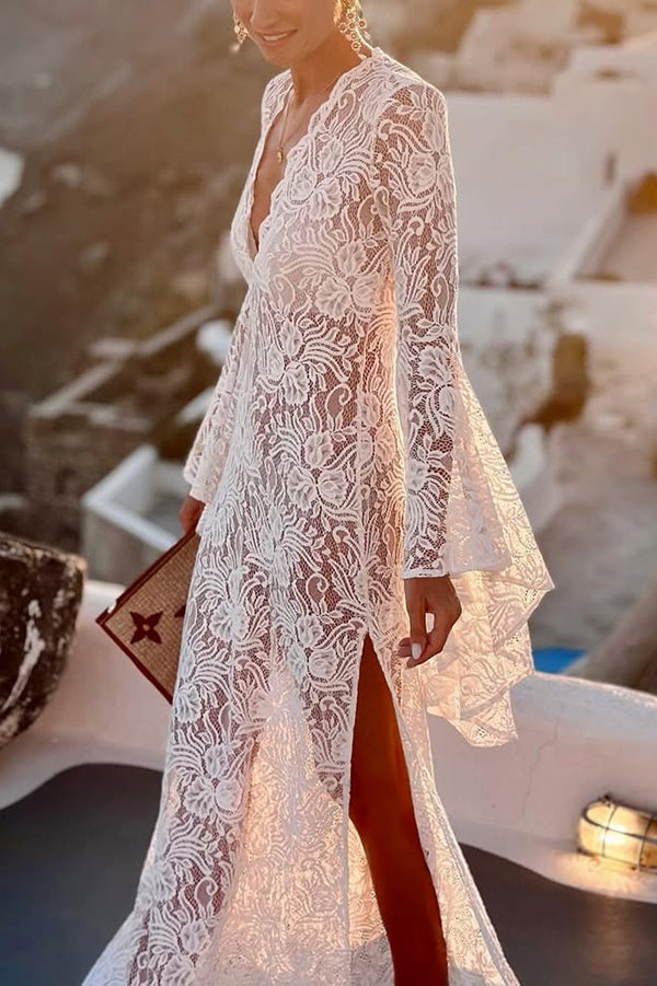 Dream Love Floral Lace Bell Sleeve V-neck Slit Maxi Dress