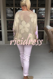 Embroidered Flower Hollow Long-sleeved Holiday Loose Knitted Top