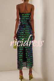 Sexy Sequined Halter-neck Backless Slim Fit Slit Midi Dress