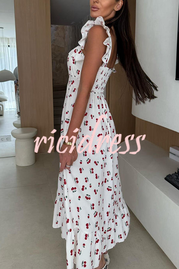 Floral Print Square Neck Pleated Back Midi Dress