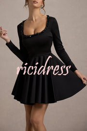 Playful Elegance Pearl Embellished Trim Long Sleeve Pleated Mini Dress