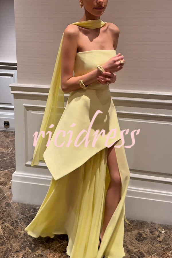 Monaco Off Shoulder Structured Top Chiffon Slit Hem Scarf Maxi Dress