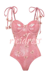 Solid Color Shiny Fabric Sweet Butterfly Decoration Stretch One-piece Swimsuit