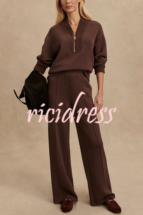 Meet The Autumn Ribbed Zipper Neck Sweatshirt and Elastic Waist Pocketed Loose Pants Set