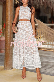 Island Dating Coconut Tree Embroidery Lace High Rise Pocketed A-line Maxi Skirt