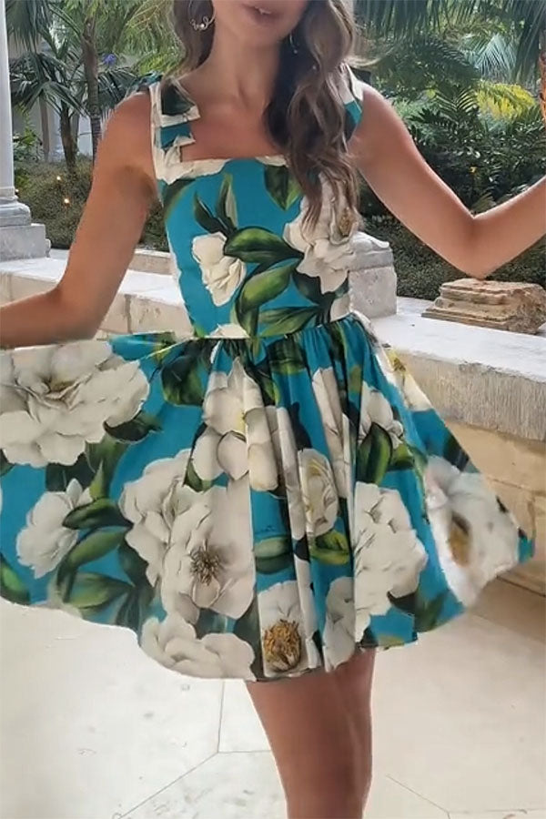 Fresh and Romantic Floral Print Square Neck Knotted Straps Mini Dress
