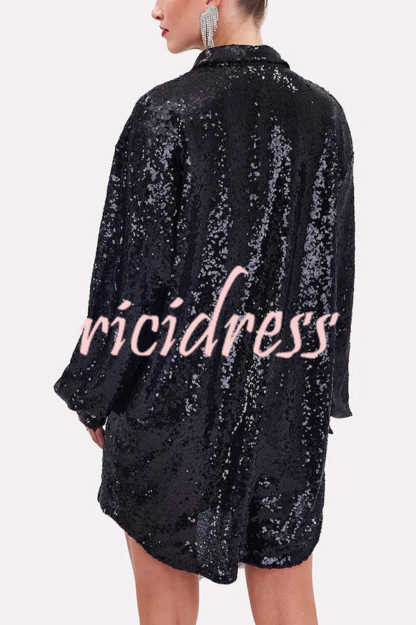 Solid Color Sequined Long-sleeved Casual Mid-length Loose Shirt