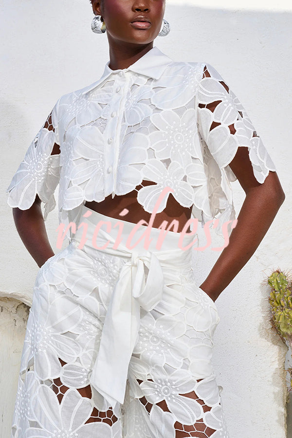 Redefining Elegance Floral Lace Cropped Shirt and Belt Pocketed Wide Leg Pants Set