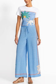 Sunday Breeze Satin Floral Unique Print Elastic Waist Pocket Wide Leg Pants