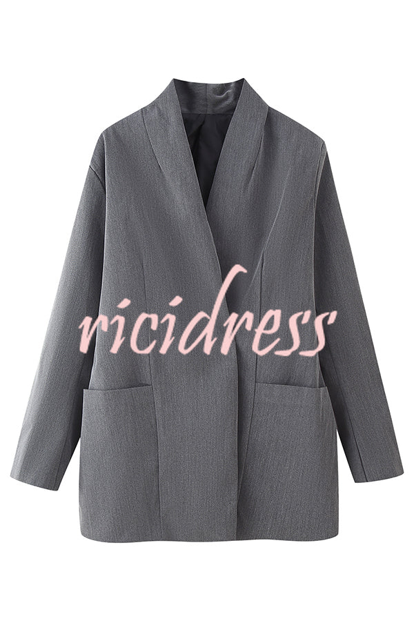 Solid Color Lapel Long Sleeve Casual Pocket Long Blazer