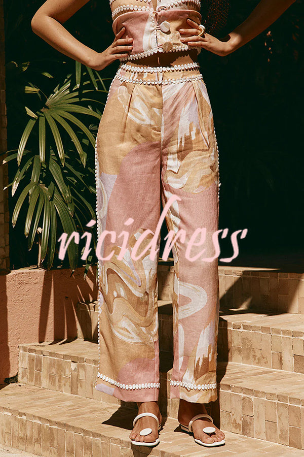 European Summer Linen Blend Ric Rac Trims High Rise Pocket Loose Pants