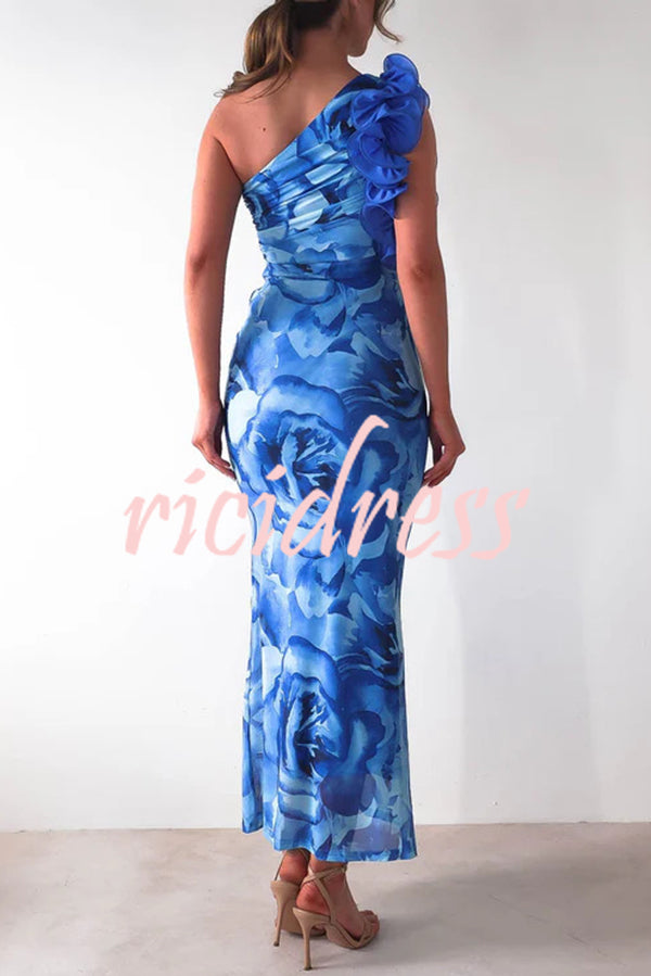 Floral Print Sleeveless 3D Flower One Shoulder Slim Maxi Dress