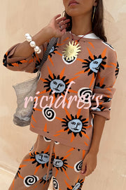 Mediterranean Art Knit Unique Sun Vortex Print Long Sleeve Relaxed Sweater