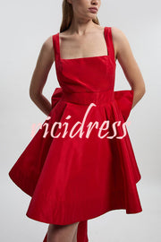 Red Drama Taffeta Square Neck Back Oversized Bow Pocket Mini Dress