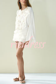 Fashionable Round Neck Tie Hollow Stitching Casual Shirt