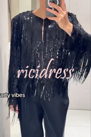 Party Crasher Layered Sequined Tassels Long Sleeve Loose Jacket