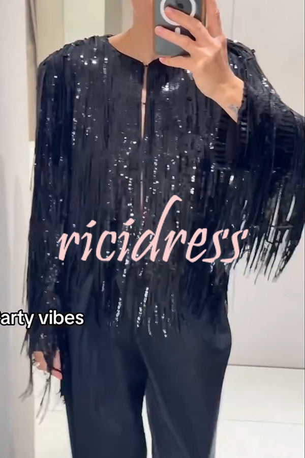 Party Crasher Layered Sequined Tassels Long Sleeve Loose Jacket