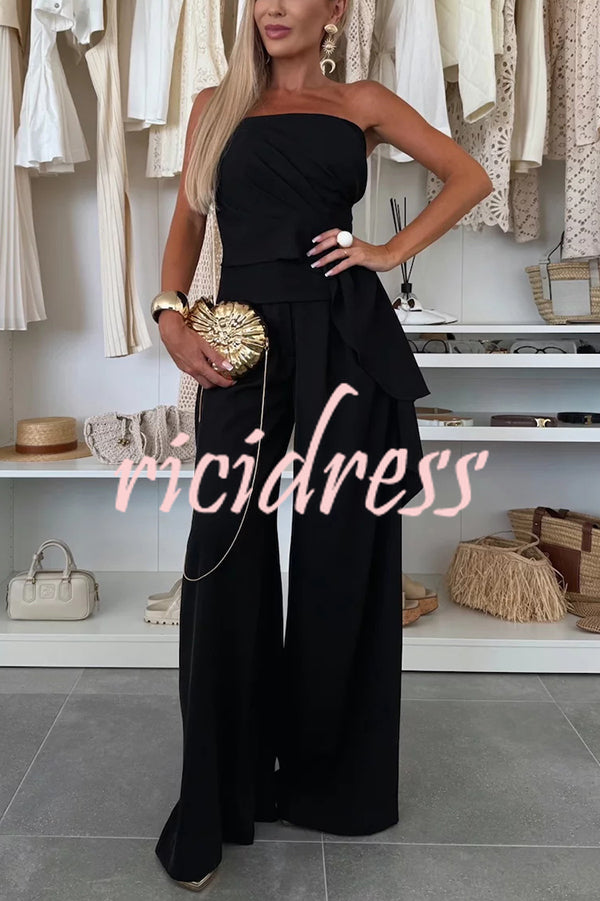 Elegant Solid Color Asymmetric Ruffles Bandeau Top and High Waist Wide Leg Pants Set