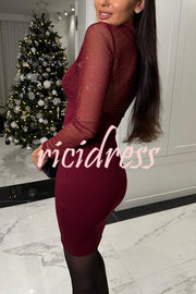 Sexy Energy Mesh Glitter Fabric Cutout Shirt Neck Long Sleeve Stretch Mini Dress