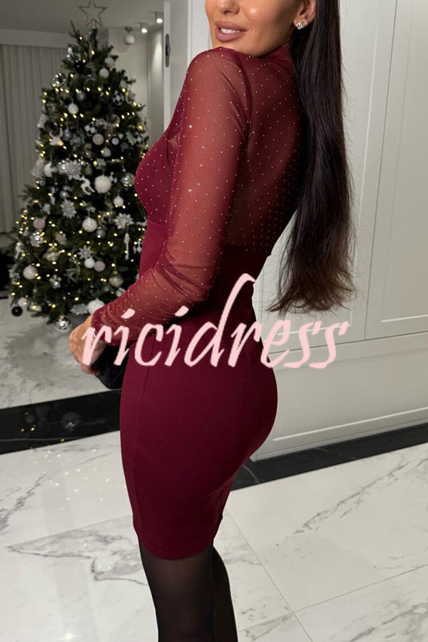 Sexy Energy Mesh Glitter Fabric Cutout Shirt Neck Long Sleeve Stretch Mini Dress