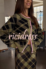 Holiday Plaid Knit Color-blocked Trim Button Long-sleeved Loose Cardigan