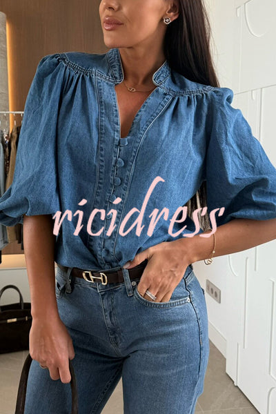 Fashion V-neck Button-down Lantern Sleeve Casual Denim Shirt