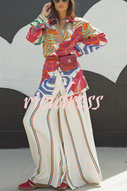 Ellah Satin Rainbow Stripe Print Drawstring Elastic Waist Pocket Wide Leg Pants