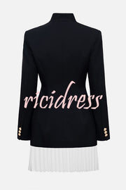Fashionable Contrast Color Elegant Long Sleeve Pleated Suit Mini Dress