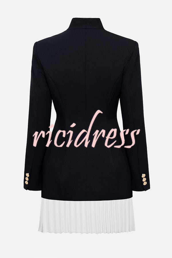 Fashionable Contrast Color Elegant Long Sleeve Pleated Suit Mini Dress