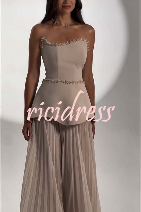 Capture The Moment Gem Trim Pleated Hem Strapless Maxi Dress