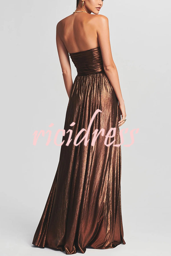 Goddess Temperament Metallic Pleated Fabric Off Shoulder Slit Maxi Dress