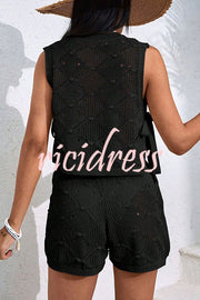Solid Color Sleeveless Tie Knitted Vest and Loose Elastic Waist Drawstring Shorts Set