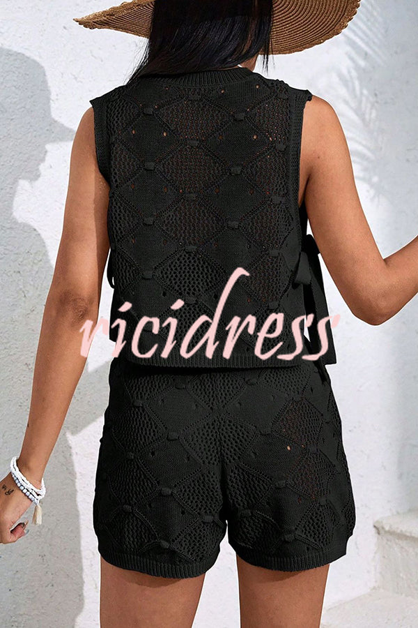 Solid Color Sleeveless Tie Knitted Vest and Loose Elastic Waist Drawstring Shorts Set