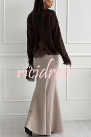 Caitlin Knit Lace Trim Patchwork Long Sleeve Back Slit Relaxed Sweater