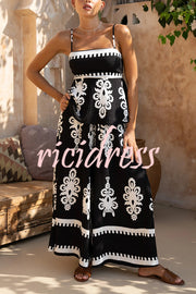 Unique Ethnic Print Suspender Pleated Top and Elastic Waist Loose Wide-leg Pants Set