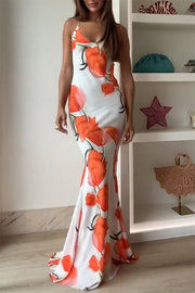 Charming Tulip Print Backless Crisscross Straps Flare Scarf Maxi Dress