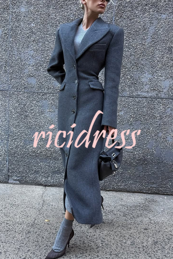 Elegant Lapel Long Sleeve Button High Waist Long Coat