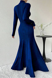 Solid Color High-neck Long-sleeved Slim-fit Fishtail Elegant Maxi Dress