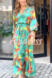 Multicolor Printed Lapel Balloon Sleeves Tie-waist Maxi Dress