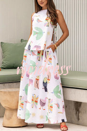 Island Paradise Linen Blend Unique Print Tie-up Slit Tank and Elastic Waist Pocketed Maxi Skirt Set