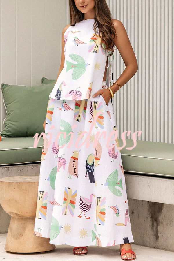 Island Paradise Linen Blend Unique Print Tie-up Slit Tank and Elastic Waist Pocketed Maxi Skirt Set